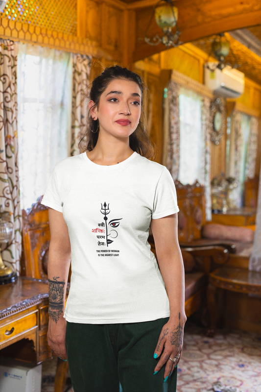 स्त्री शक्ति परम तेजा — Women’s Classic Crew T-Shirt (Sanskrit) (White)