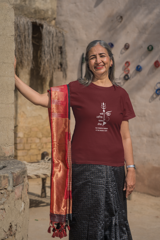 स्त्री शक्ति परम तेजा — Women’s Classic Crew T-Shirt (Sanskrit) (Vermillion)